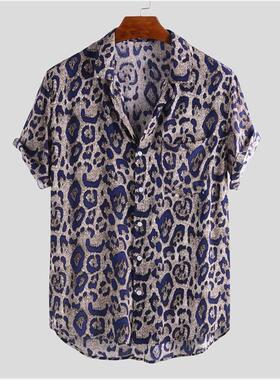 Men's Autumn Leopard Print Lapel Print Short Sleeve Shirt