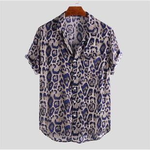 Men's Autumn Leopard Print Lapel Print Short Sleeve Shirt