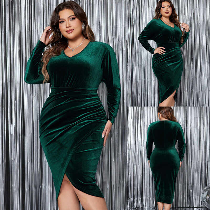 Plus Size Women Dress 2024 Autumn Winter Plus Size V领连衣裙