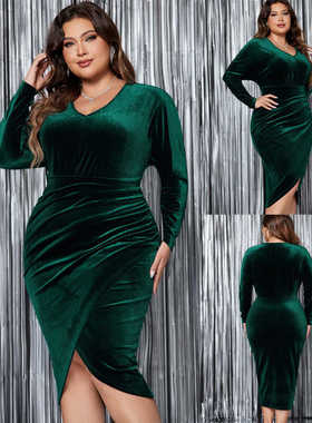 Plus Size Women Dress 2024 Autumn Winter Plus Size V领连衣裙