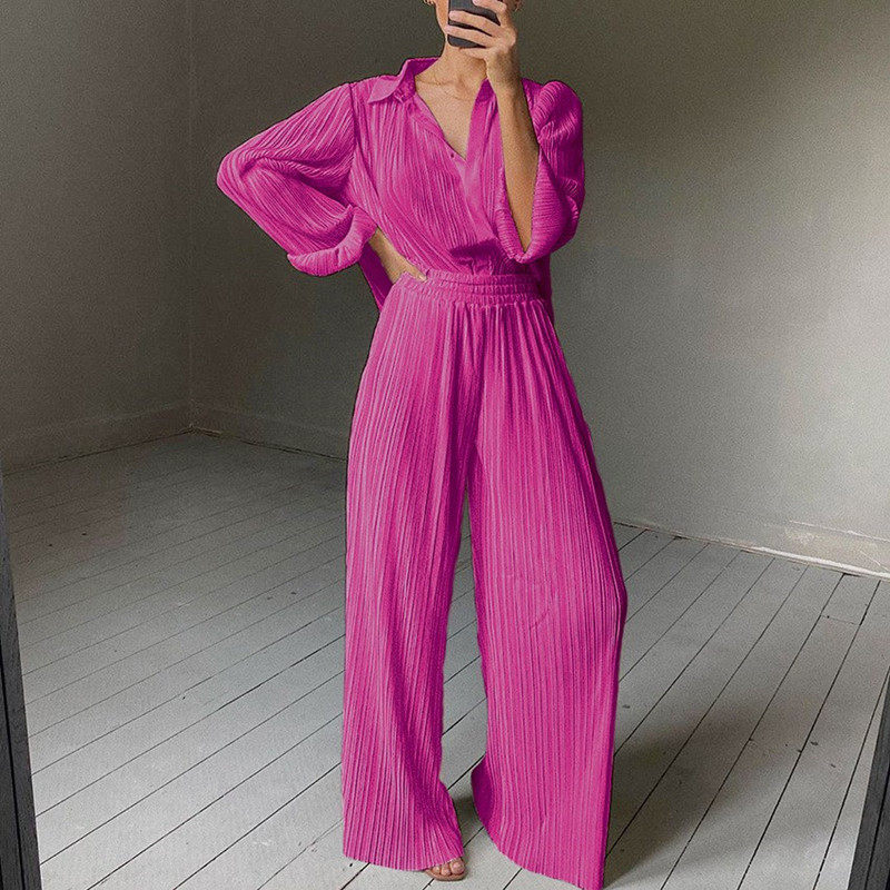 shirt pants two set长袖褶皱衬衫女阔腿拖地垂感长裤套装纯色