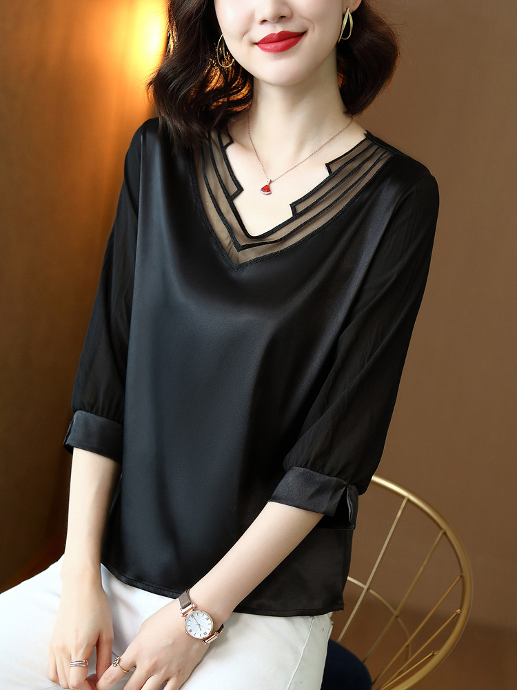 秋装新款雪纺衬衫女士内搭上衣蕾丝外穿缎面中袖宽松t恤打底小衫