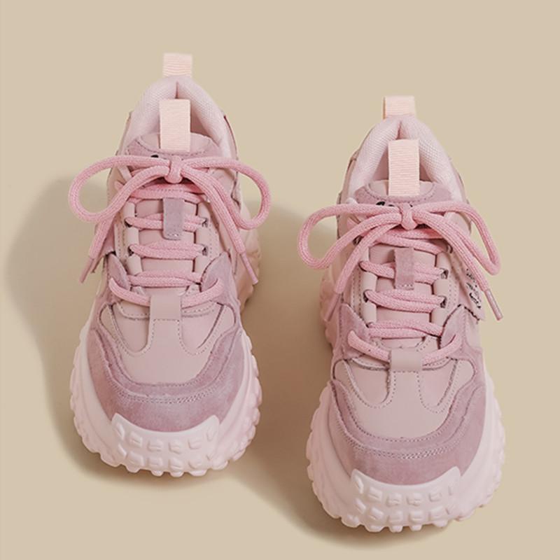 2025秋冬季新款加绒粉色老爹鞋