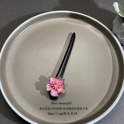 有12至18厘米可选 粉色花朵短款发簪黑檀木簪子国风汉服中式簪子