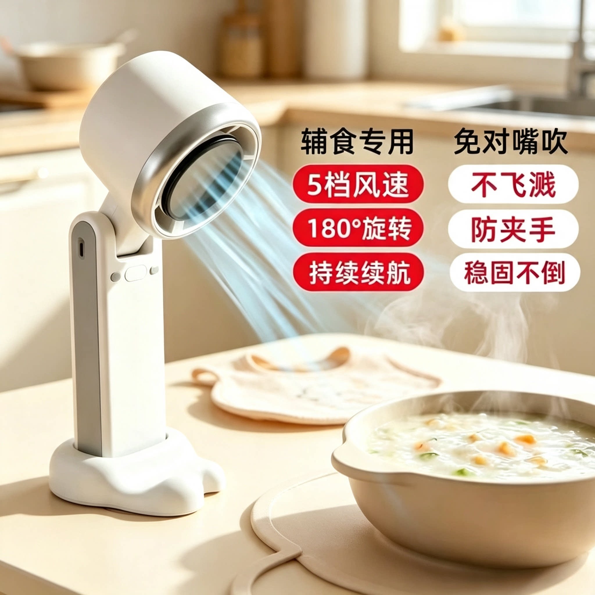 吹辅食风扇充电式桌面风扇5档风速180°旋转防夹手数显电风扇家用