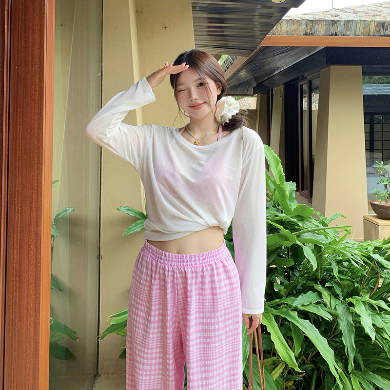 粉色格子大码泳衣女比基尼泡温泉