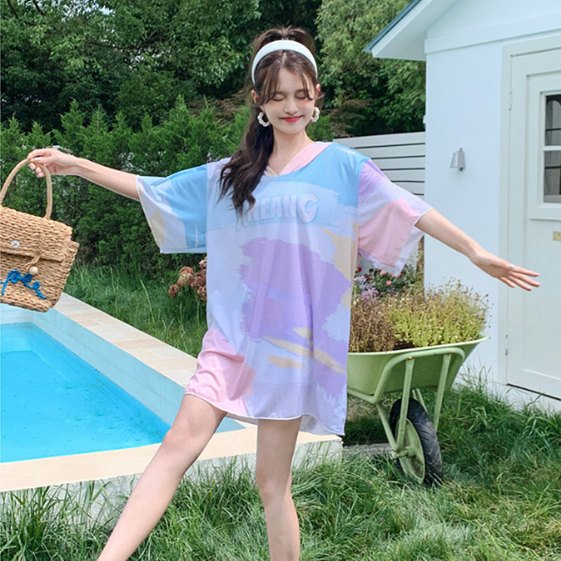 新款分体泳衣女三件套防晒罩衫撞色休闲款显瘦遮肚泡温泉海边度假