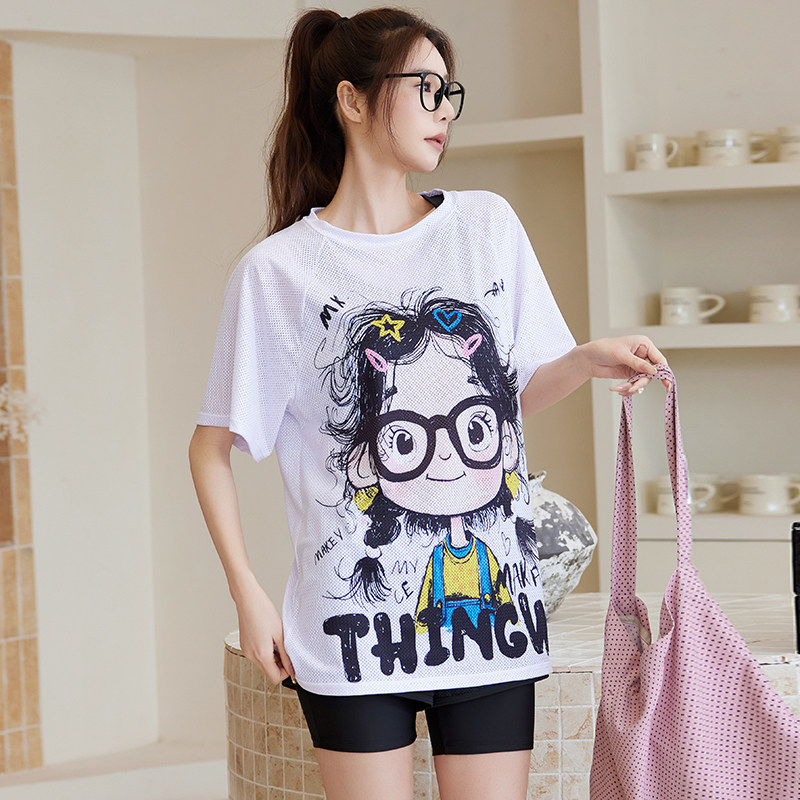 泳衣女微胖女孩遮肉显瘦分体三件套罩衫卡通图案短袖学生平角温泉