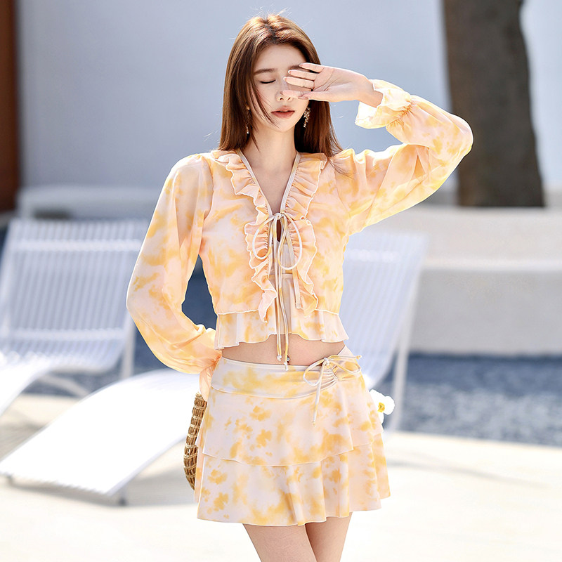 新款微胖大码分体裙式泳衣女三件套罩衫长袖防晒绑带高级感少女风
