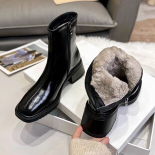 真皮大棉马丁靴女方头粗高跟瘦瘦短靴羊羔毛雪地靴女冬季加绒加厚