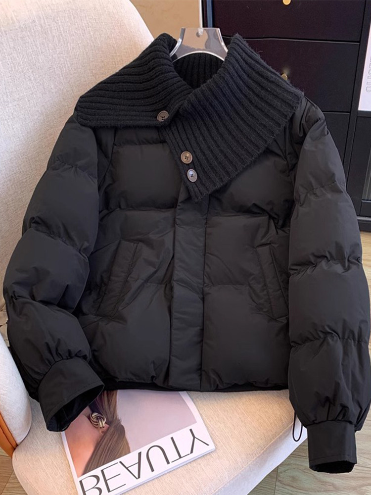 黑色棉服女2025年新款冬季加厚羽绒短款洋气保暖针织大翻领外套女