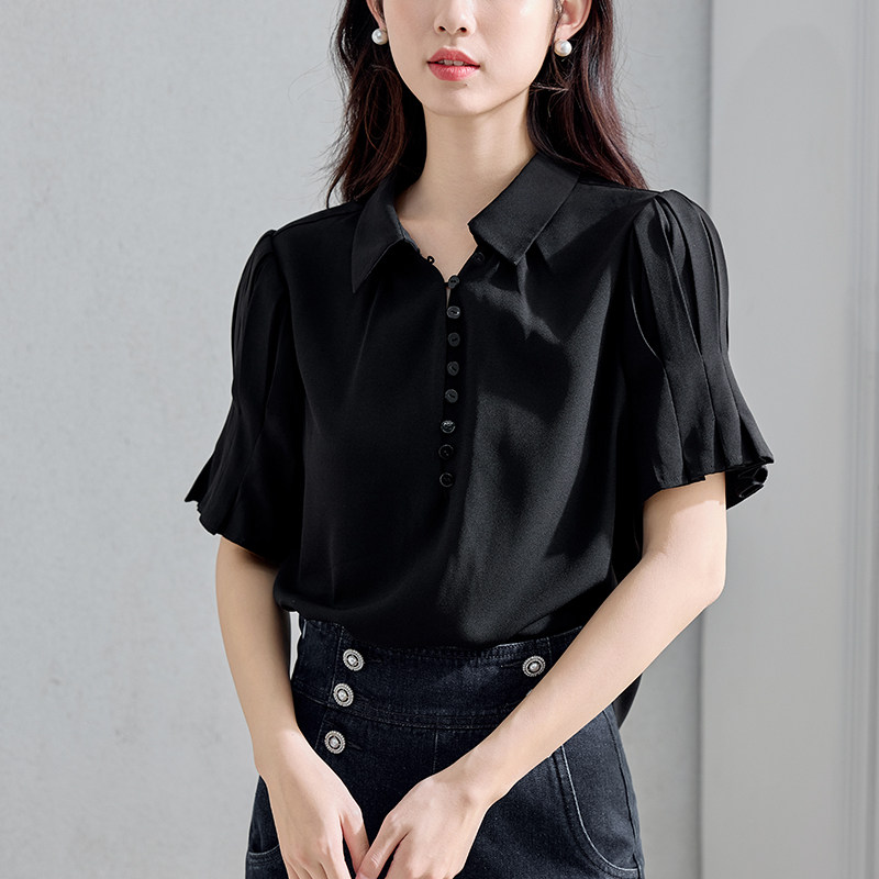 黑色短袖衬衫女夏季2025新款小个子短款宽松设计感褶皱泡泡袖上衣