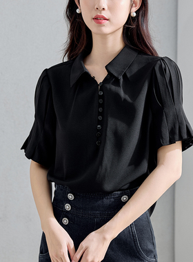黑色短袖衬衫女夏季2025新款小个子短款宽松设计感褶皱泡泡袖上衣