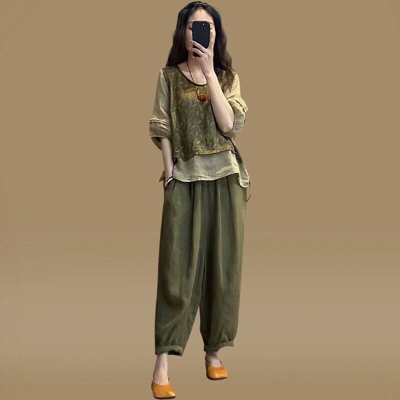 棉麻套装夏装女新款2025薄款休闲时尚短袖印花上衣哈伦裤子两件套