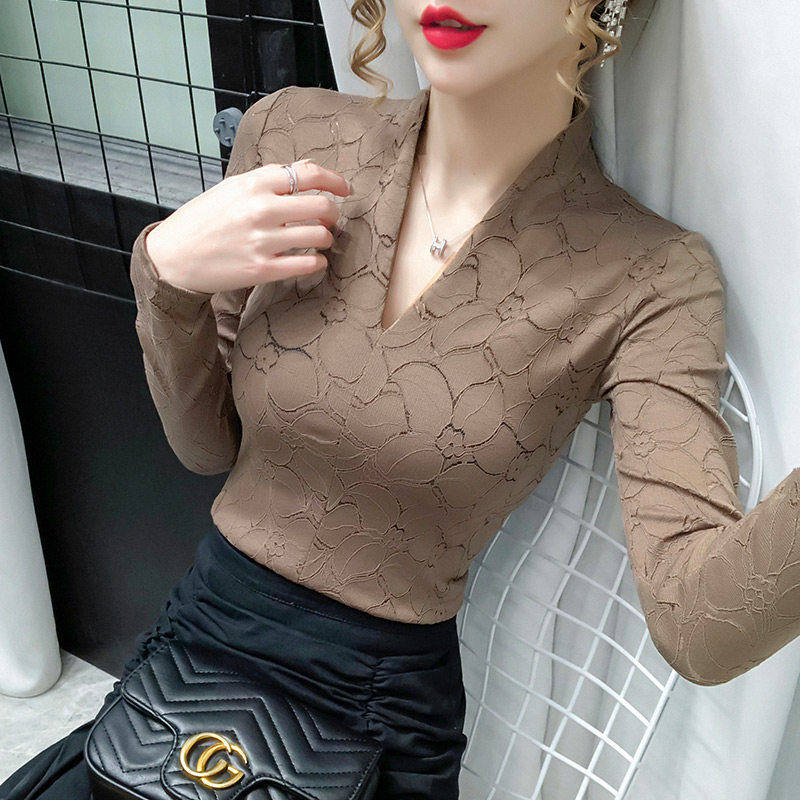 蕾丝打底衫女2025新款春秋高级时尚洋气时髦内搭v领长袖气质上衣