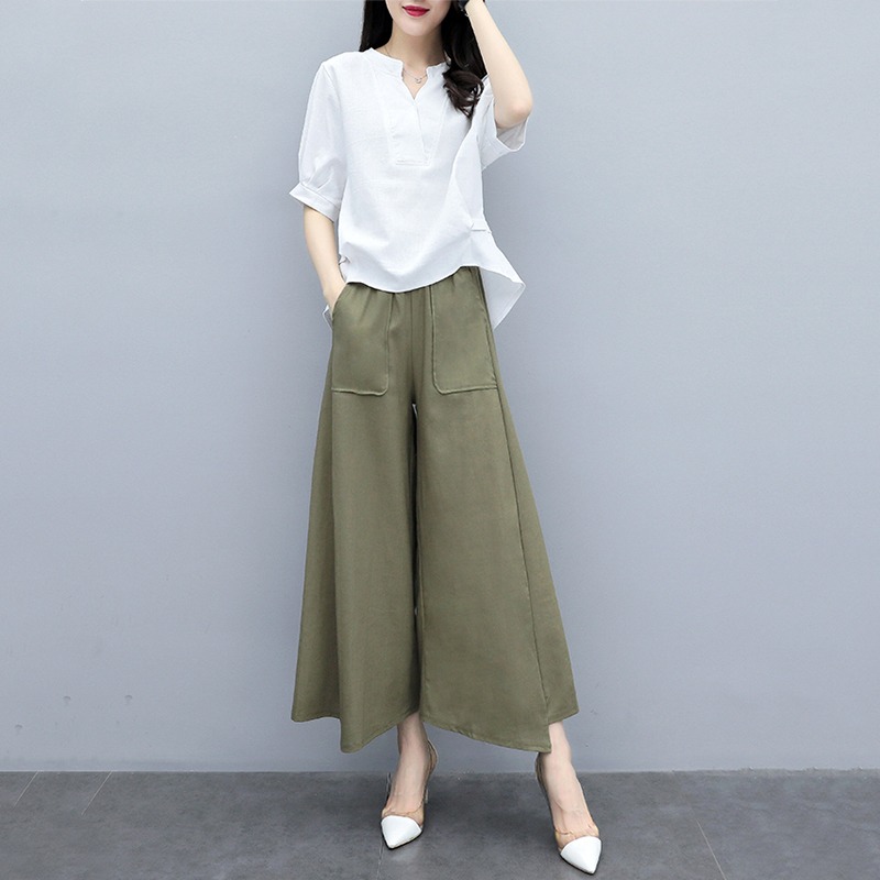 夏季套装女新款2025休闲洋气时尚大码棉麻短袖上衣阔腿裤子两件套