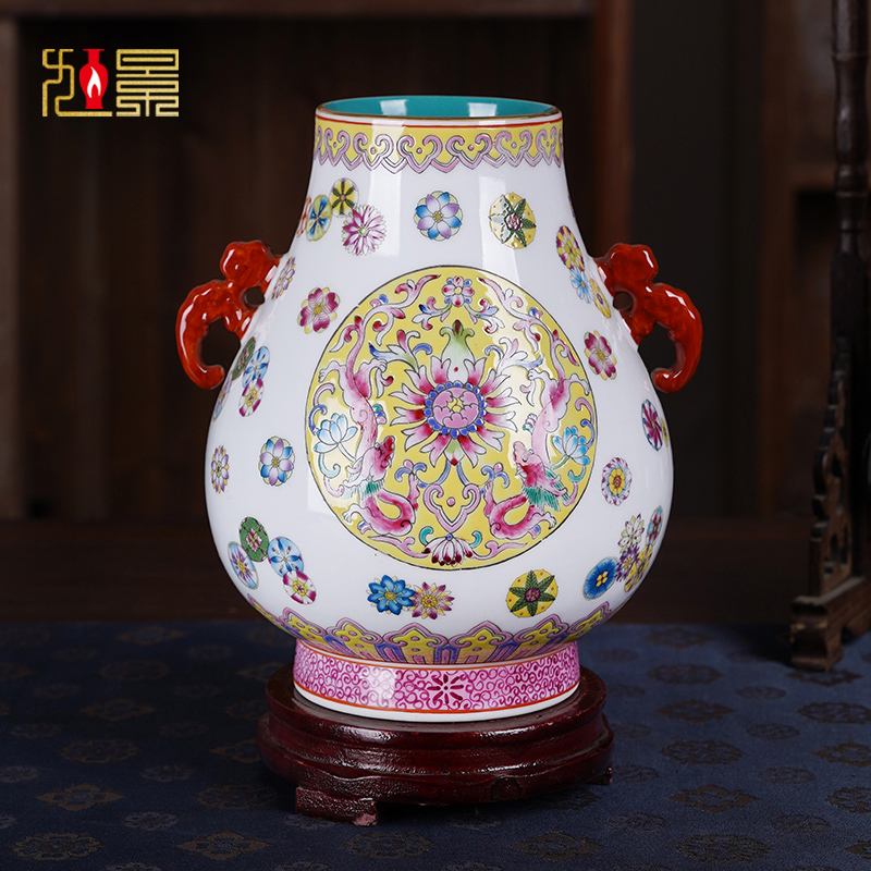 景德镇陶瓷器仿古双耳花瓶手绘珐琅彩中式客厅玄关博古架装饰摆件