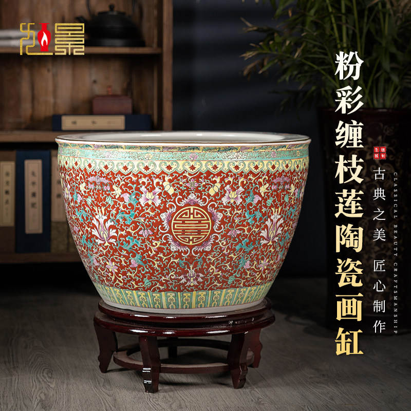 景德镇陶瓷器画缸卷轴缸落地大花瓶庭院花盆鱼缸盆景玄关客厅摆件