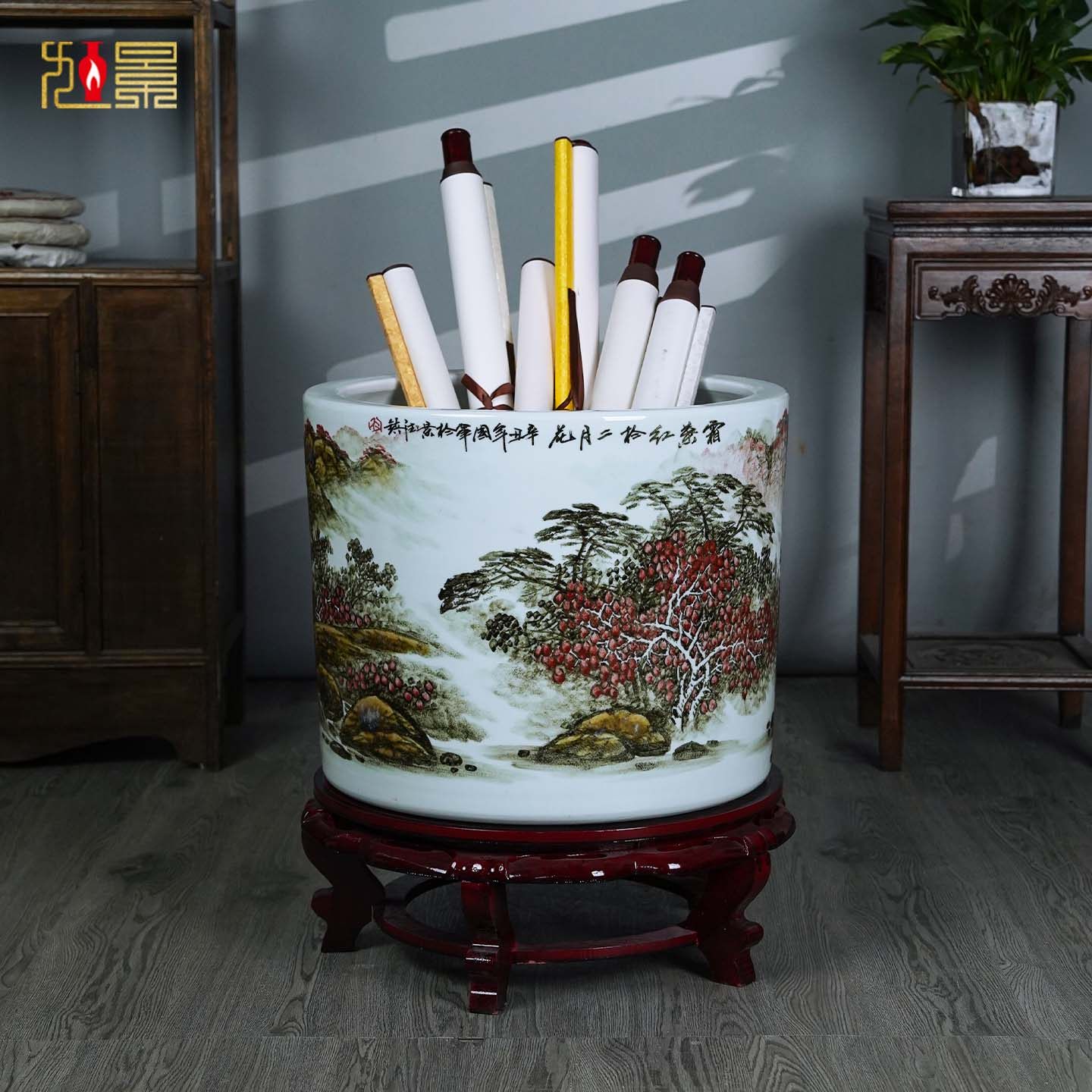 景德镇陶瓷器青花瓷书画缸卷轴缸客厅手绘花瓶书房字画收纳桶摆件
