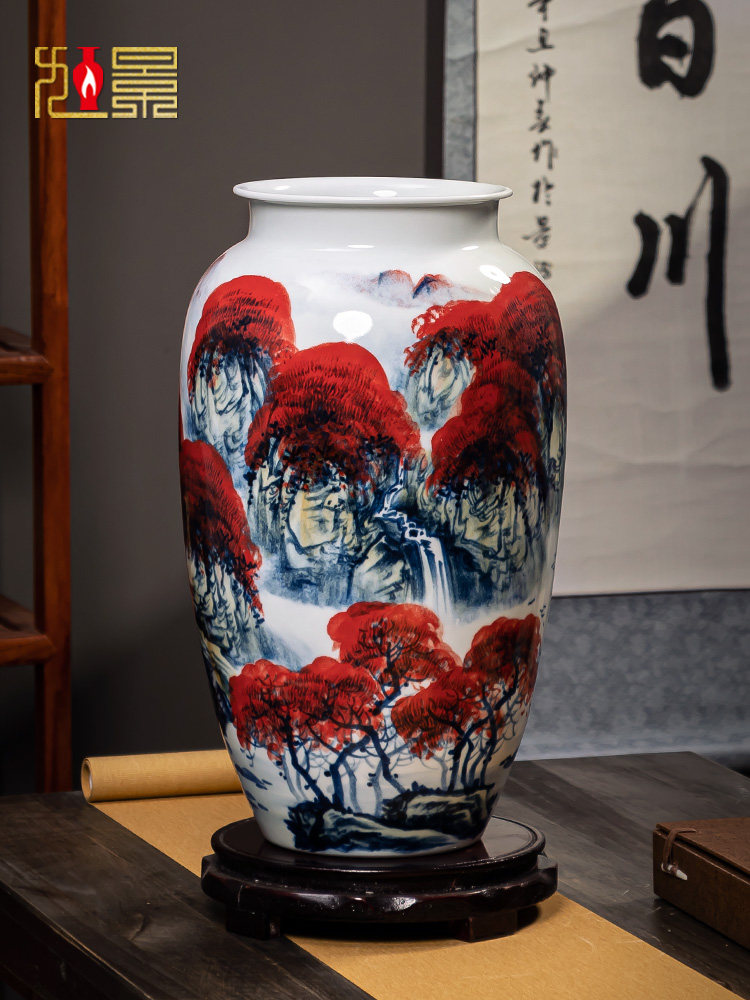 景德镇花瓶落地式大型陶瓷入口摆件中式客厅插花吉祥书斋卷轴圆筒
