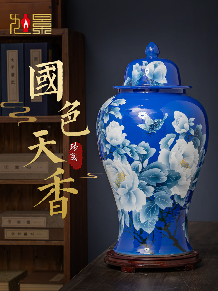 景德镇陶瓷花瓶手绘将军罐摆件彷古新中式粉彩瓷器客厅电视柜摆件