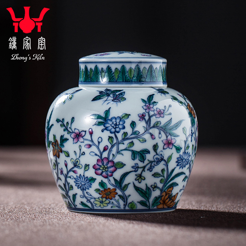 手绘柴窑青花瓷茶叶罐