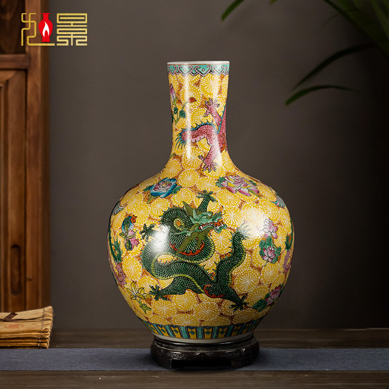 景德镇陶瓷花瓶手绘天球瓶仿古中式客厅电视柜角几家居装饰品摆件
