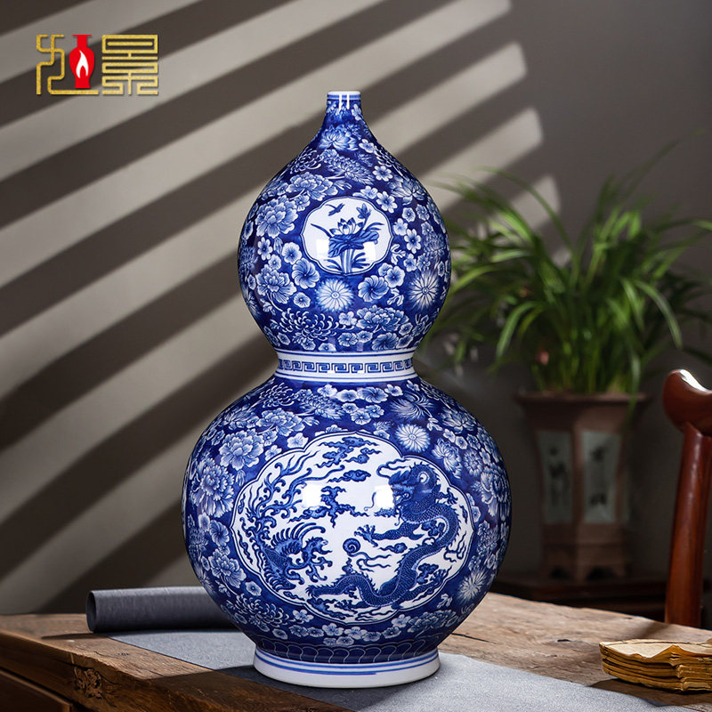 景德镇陶瓷花瓶摆件客厅插花瓷瓶手绘青花瓷葫芦瓶玄关中式装饰品