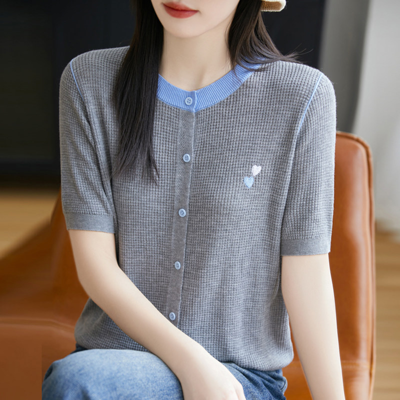 爱心刺绣开衫短袖t恤女夏季2025新款打底衫洋气大码冰丝针织上衣