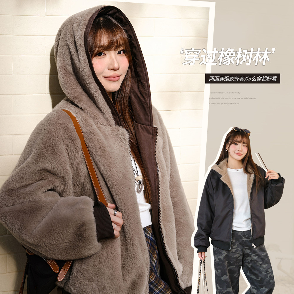 两面穿潮流连帽毛绒外套冬季新款胖mm大码女装收胯显瘦外套66112
