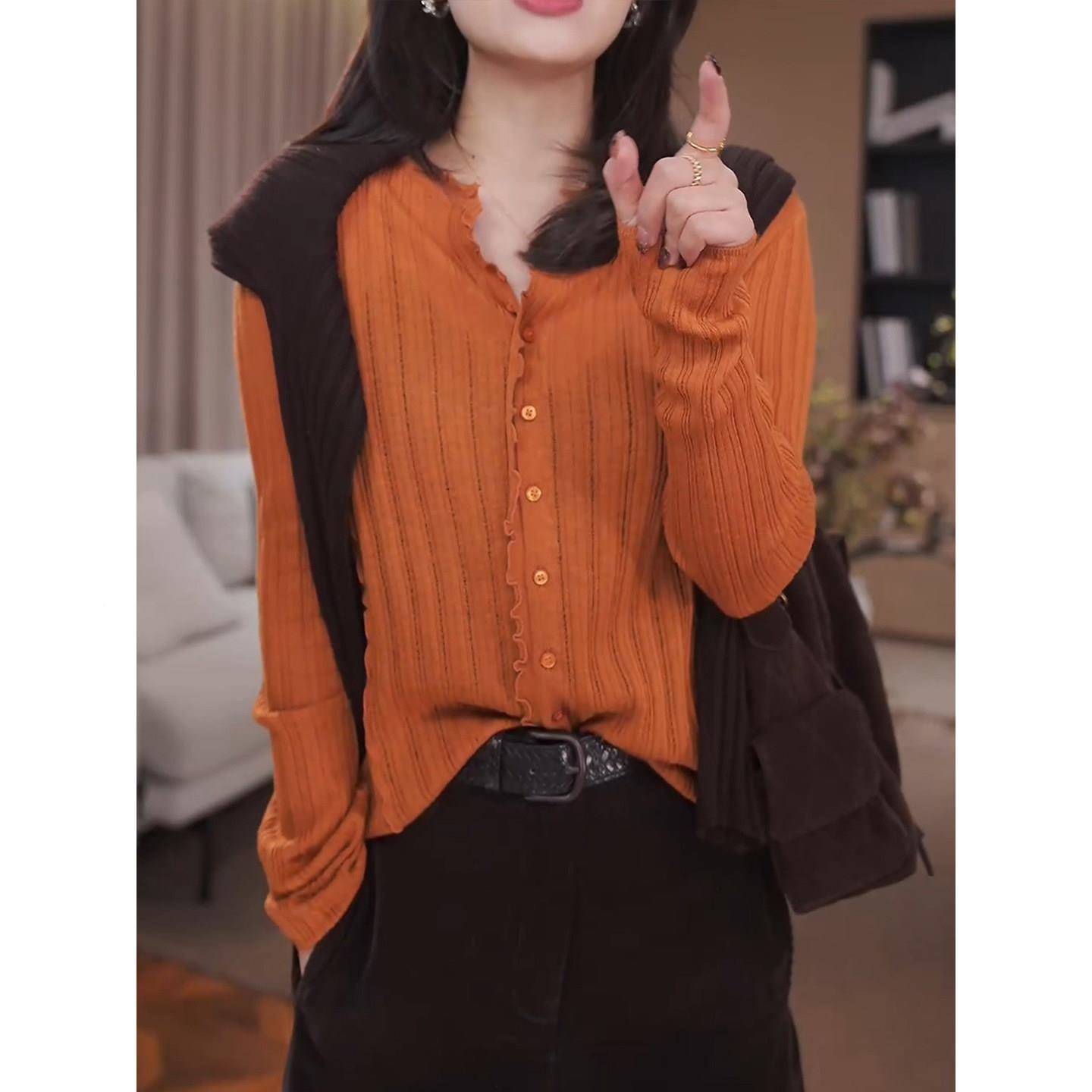 老钱风V领木耳边长袖织衫FNQ女早秋新气款时尚百洋好搭看减针龄上