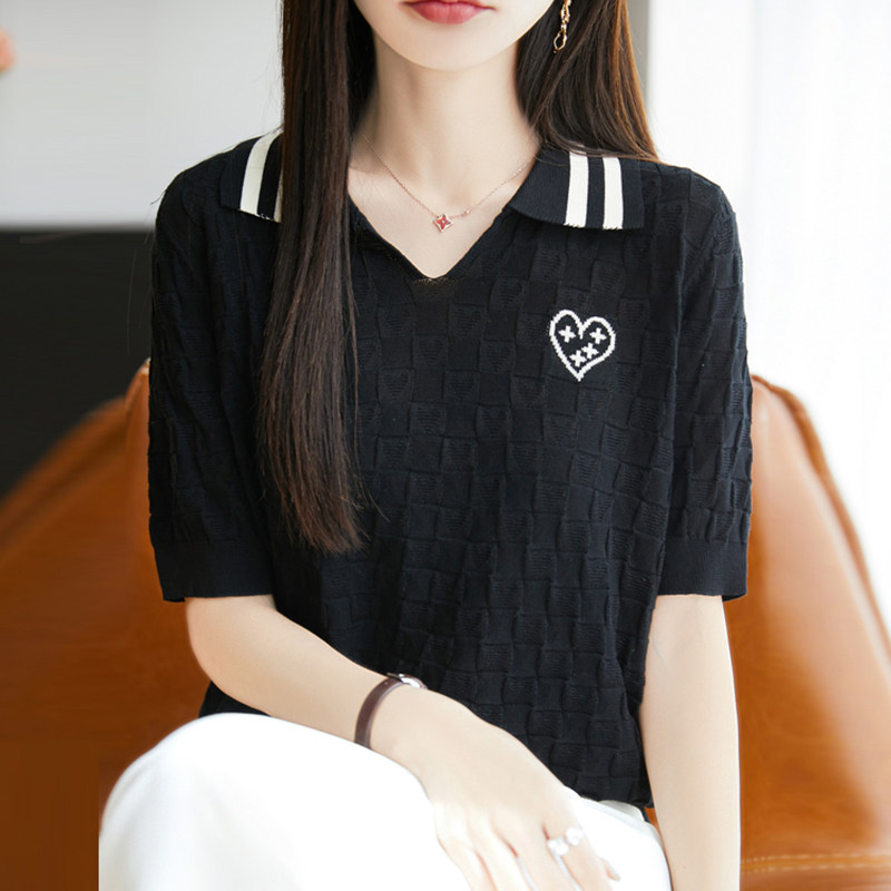 翻领爱心提花短袖t恤女夏季2025新款打底衫洋气大码冰丝针织上衣