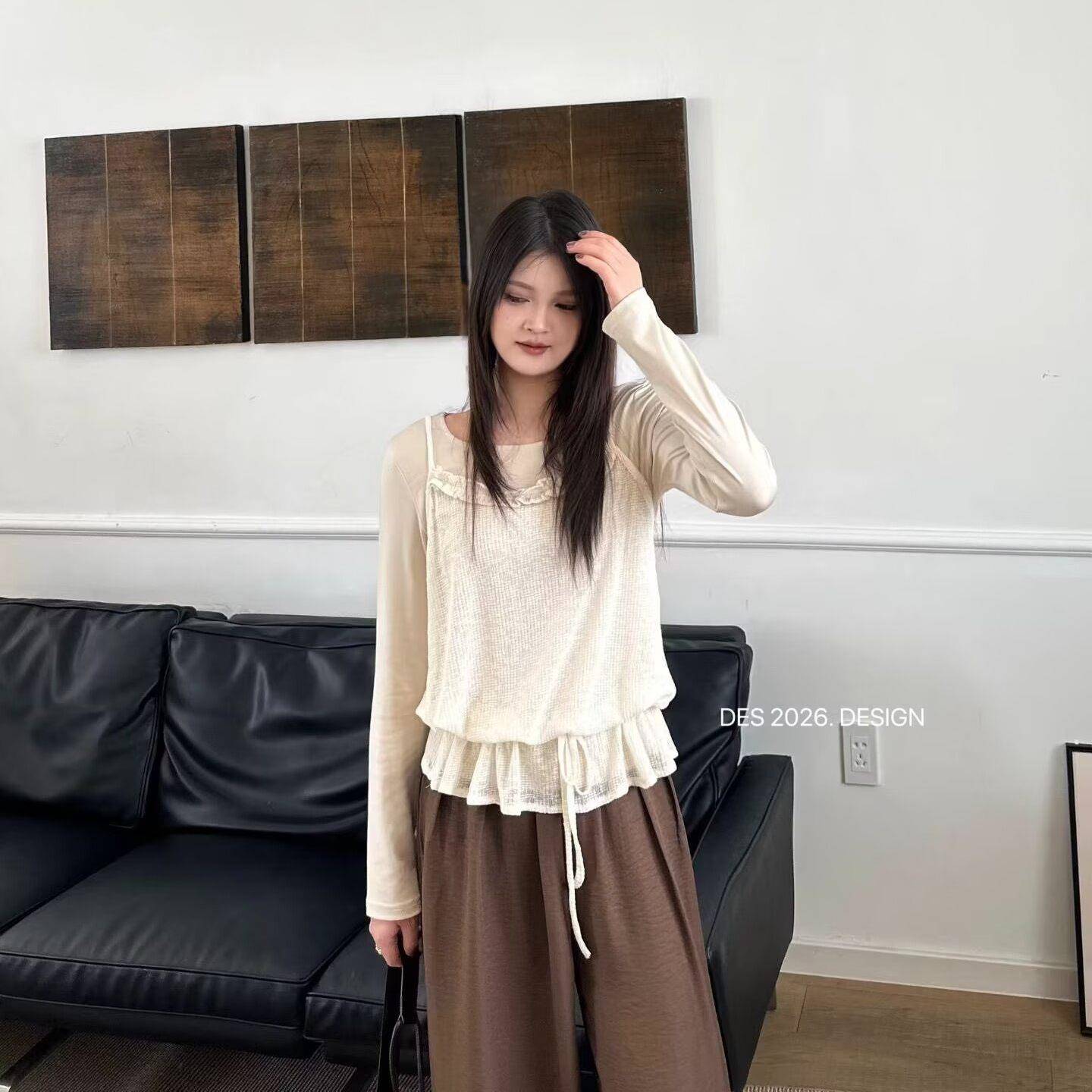 秋叠穿套装上衣女纯色长袖打+底衫木耳边收JZG抽绳吊带腰早遮肉松
