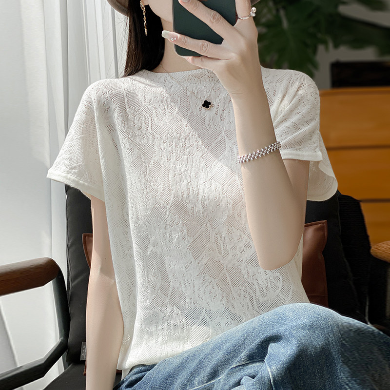 蕾丝镂空短袖t恤女夏季2025新款打底衫洋气大码女装冰丝针织上衣