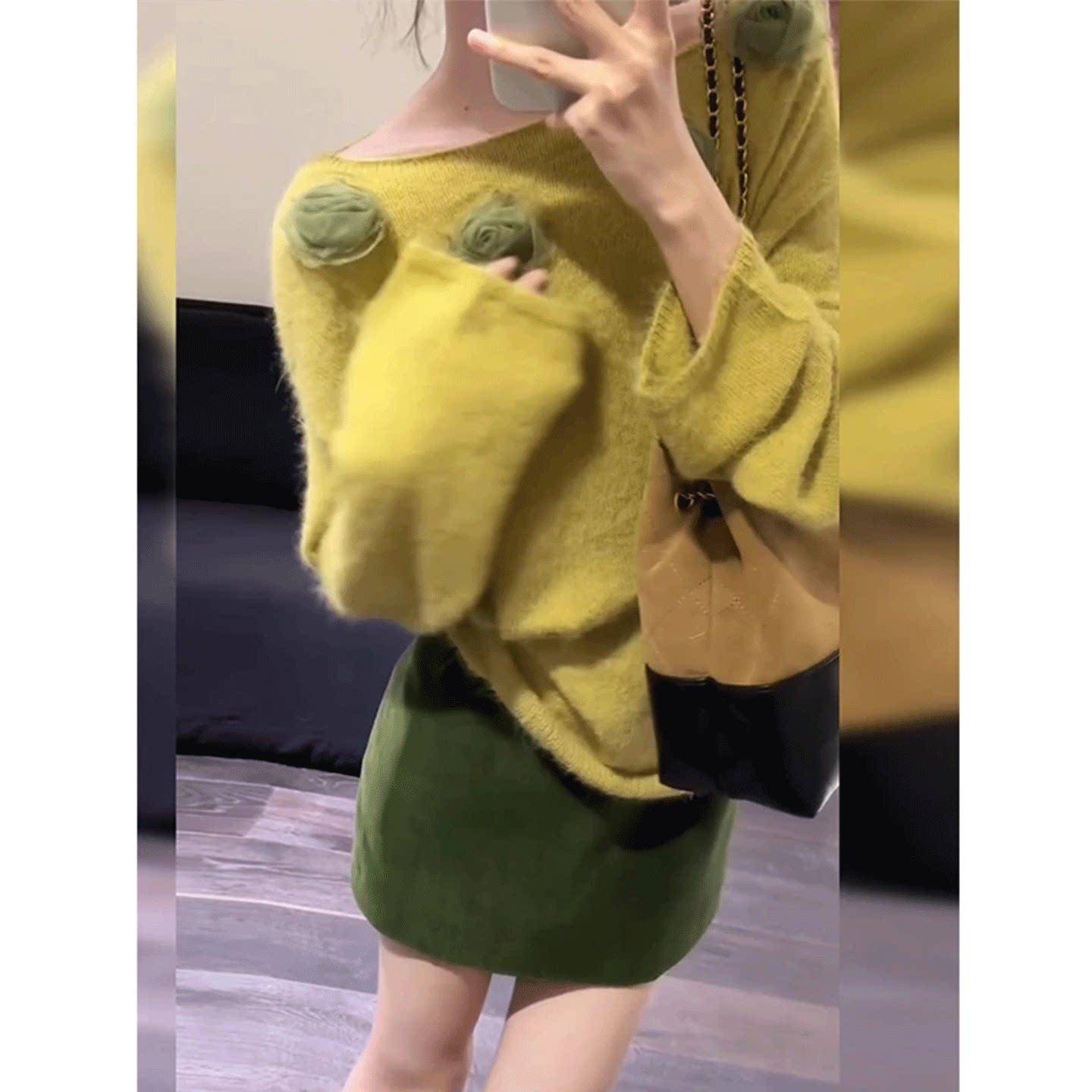 韩早秋穿搭一整套花朵FKL长袖针系超织毛衣0女半身裙226火两件套