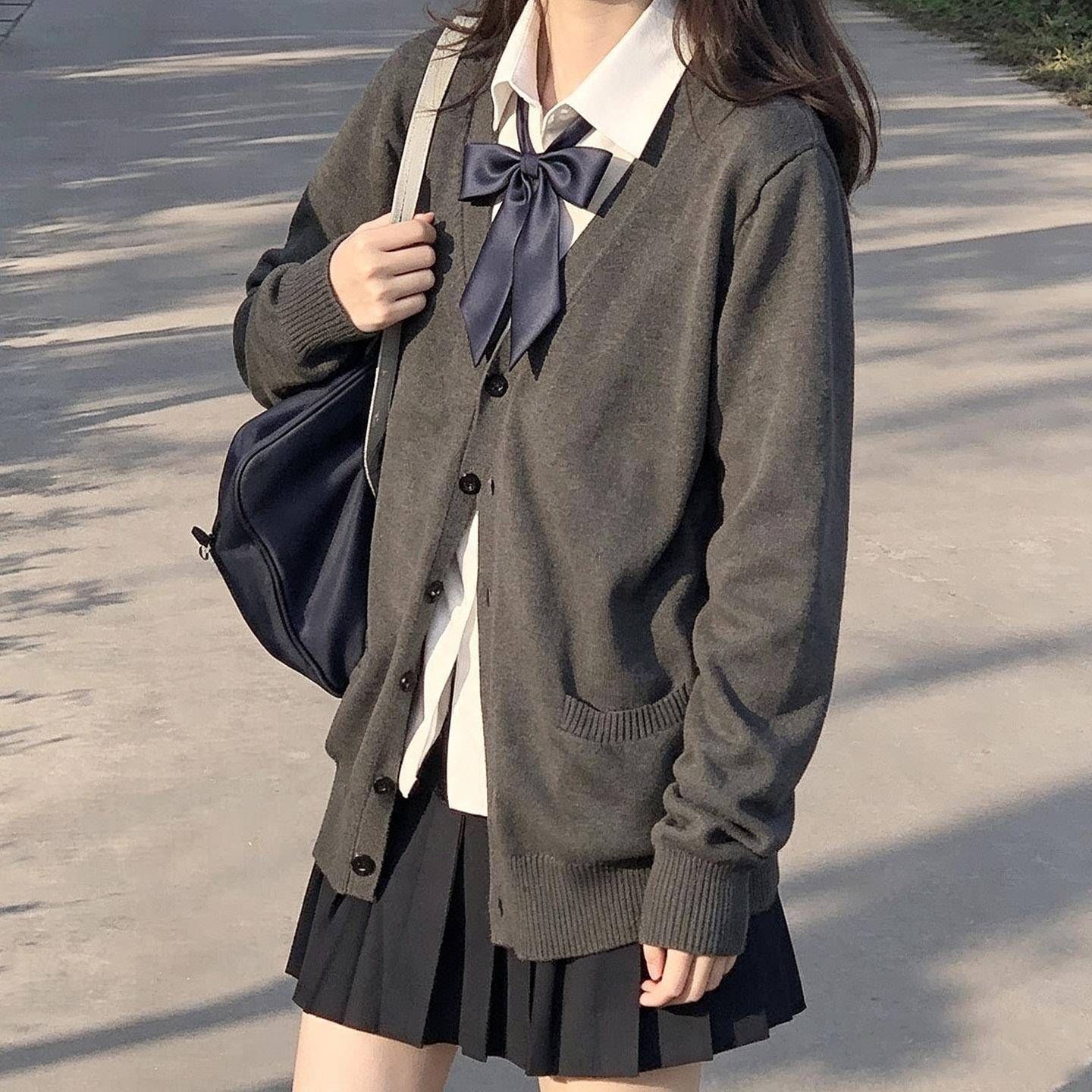 日系深毛灰色长针袖织MJY衫制JK开衫衣外套服套装学院风上衣女秋