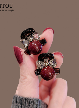 高级感精致蝴蝶结闪钻发抓复古红色豆豆小发抓公主头编发鲨鱼夹子