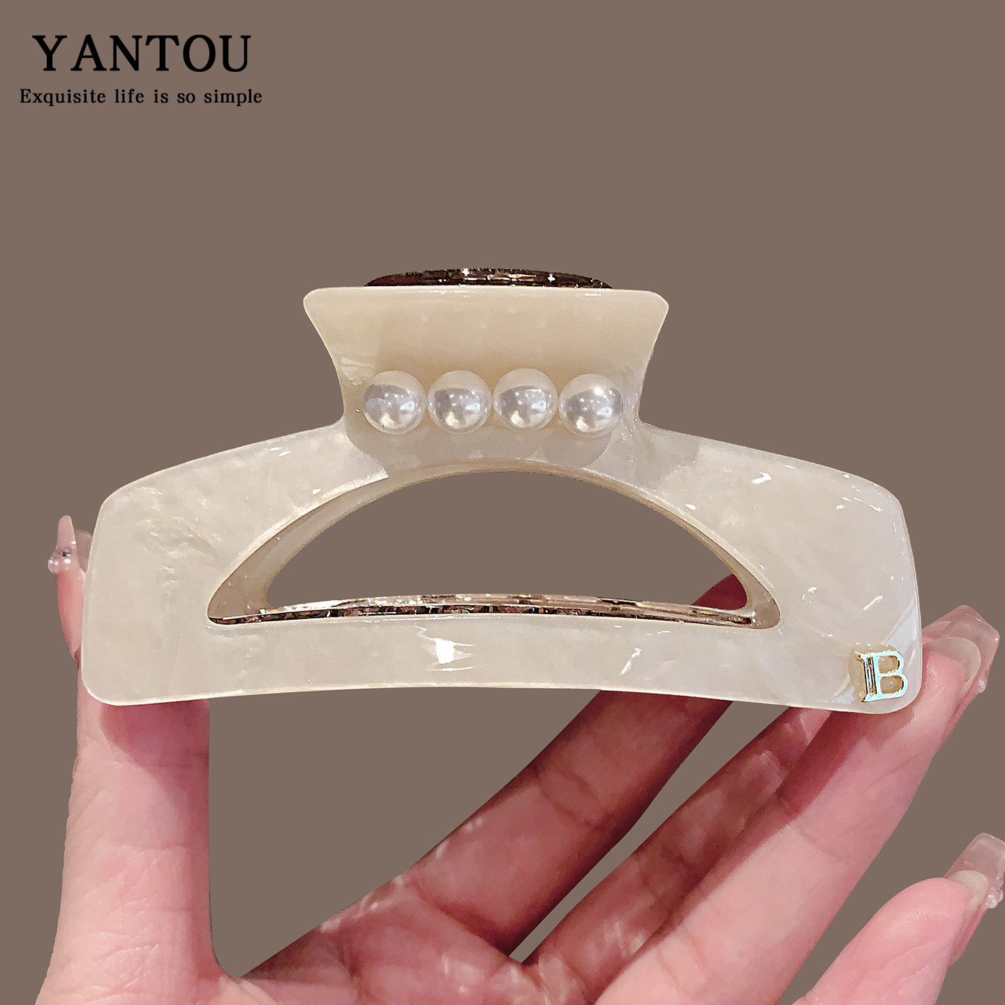 韩国闪粉醋酸珍珠弧形抓夹女后脑勺高级感百搭盘发发夹头饰鲨鱼夹