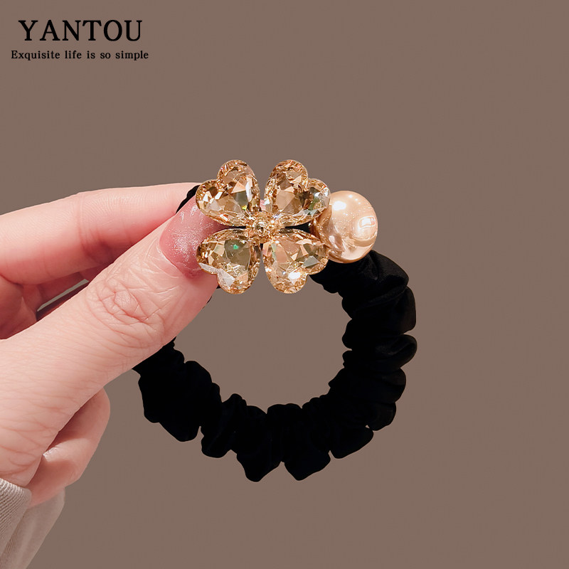 轻奢时尚水钻四叶草发圈女新款气质头绳百搭扎发橡皮筋高弹力发绳