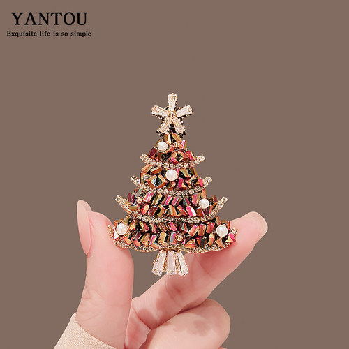 圣诞节胸针装饰纯手工碎颗粒水晶圣诞树珍珠别针高档创意胸花配饰