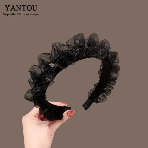 韩系新款网纱褶皱水晶高颅顶发箍高级感气质简约头箍时尚百搭发卡