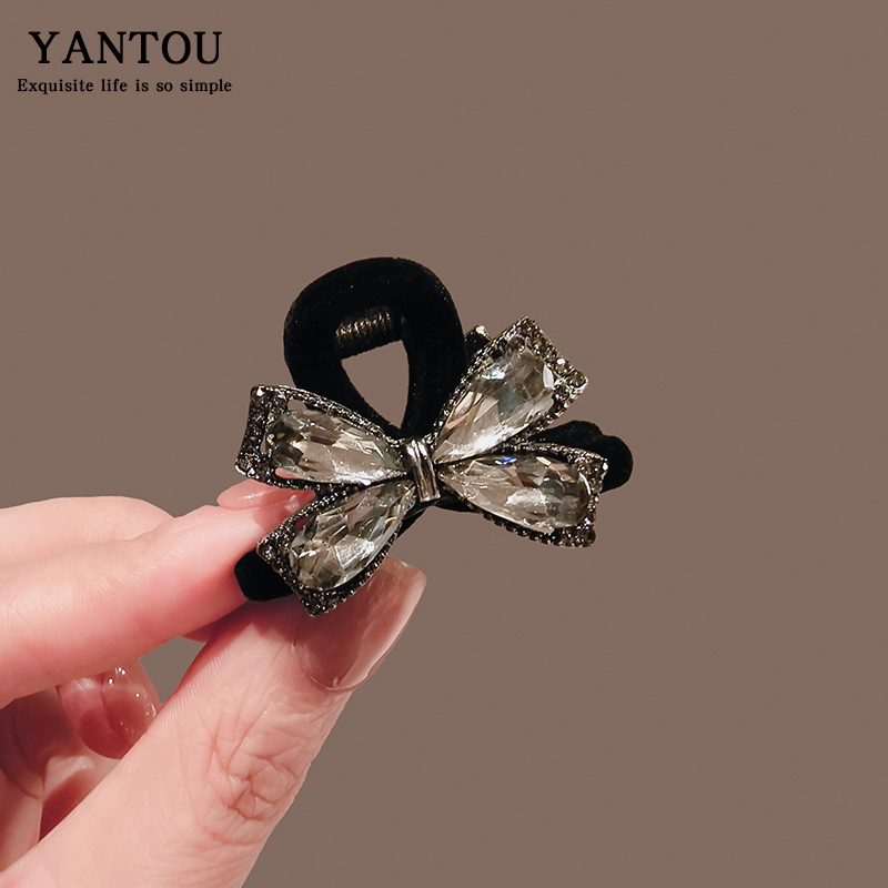黑色植绒水晶蝴蝶结抓夹小号高级感刘海夹边夹发夹后脑勺顶夹发卡