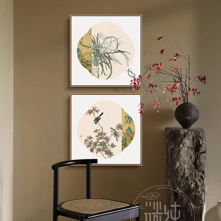 新中式装饰画饭厅茶室书房玄关卧室高级挂画中国风壁画花鸟画新款