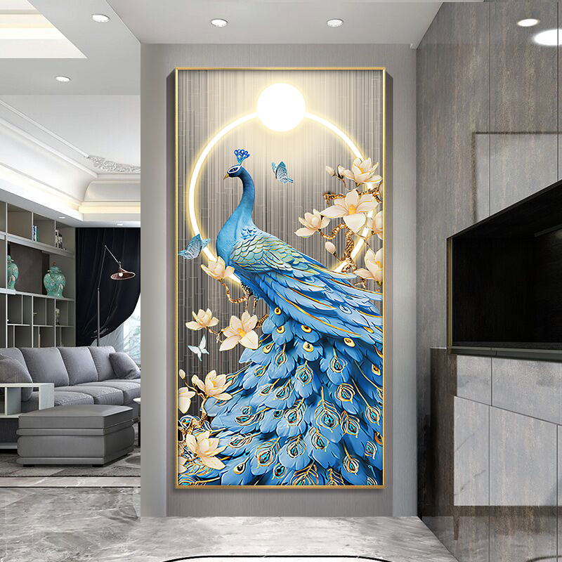 轻奢入户玄关装饰画走廊过道墙画晶瓷简约新中式玄幻挂画吉祥孔雀图片