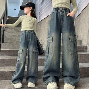 女童工装牛仔裤裤阔腿裤新款加绒加厚中大童宽松百搭韩版直筒裤潮