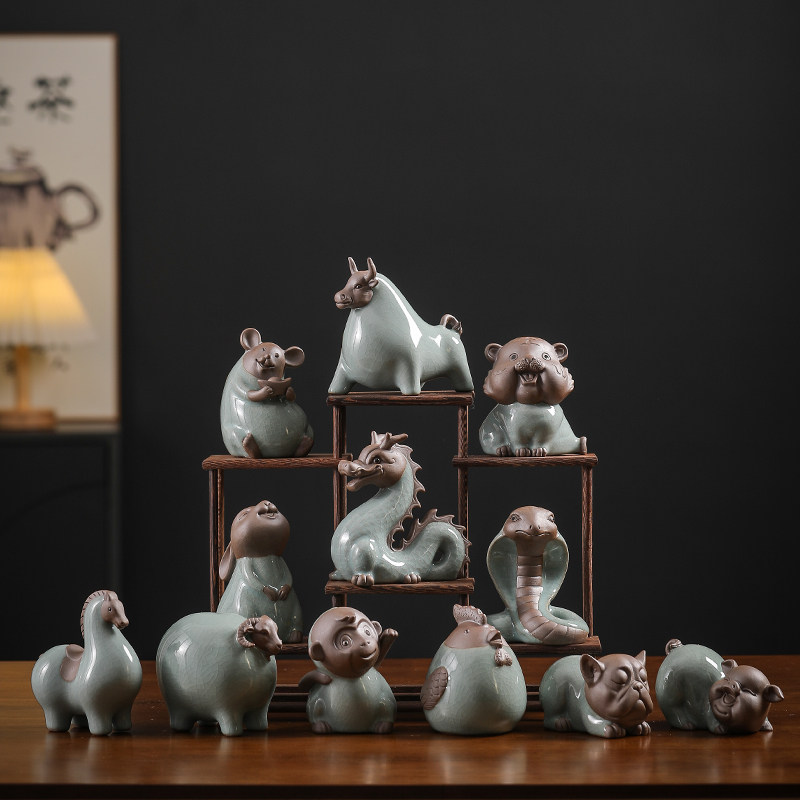 创意十二生肖摆件全套吉祥物龙马鼠牛虎兔蛇羊猴鸡狗猪陶瓷工艺品