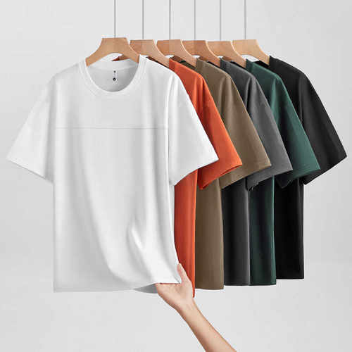 薄款中青年纯色半袖长绒棉圆领