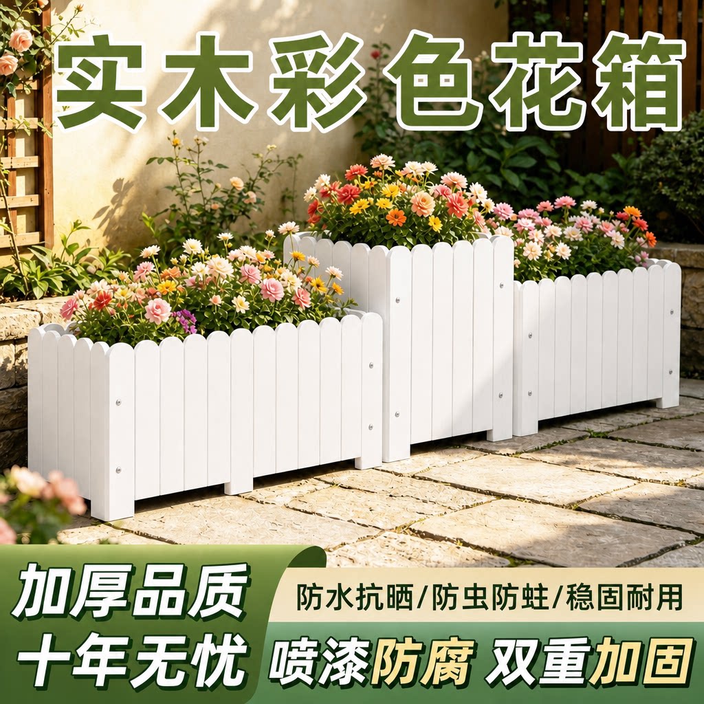 户外花箱室外防腐木庭院花盆长方形白色种植箱阳台天台种菜专用箱
