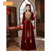 大码 丝绒订婚连衣裙礼服女冬 敬酒服新娘结婚回门服定亲酒红色长袖