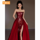 高定敬酒服新娘高级感结婚酒红色亮片礼服主持人高端宴会拖尾长裙